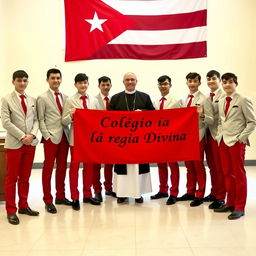 A group of elegant adolescent male students, predominantly white, dressed in stylish uniforms featuring red pants and shiny black shoes