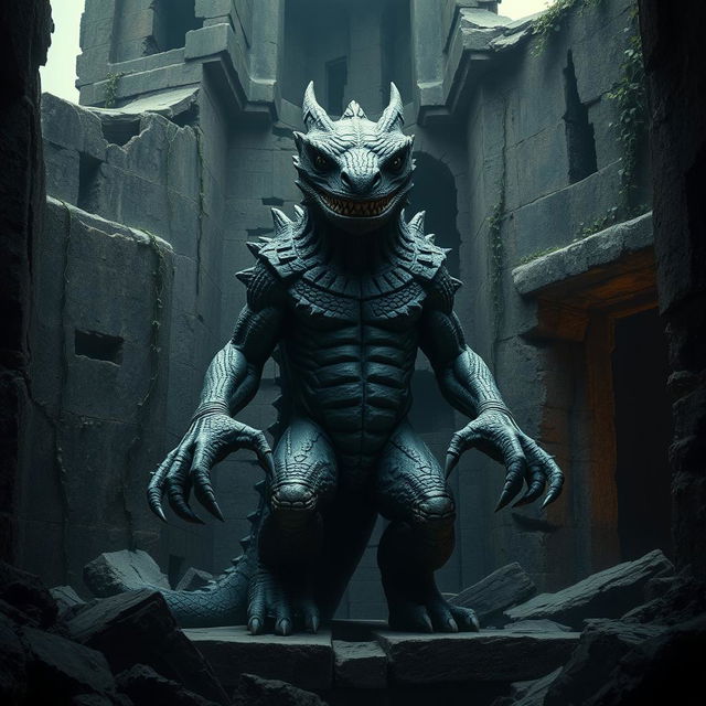 A sinister statue made of dark, weathered stone, intricately carved to resemble a lizardfolk figure, stands ominously inside the crumbling walls of ancient ruins