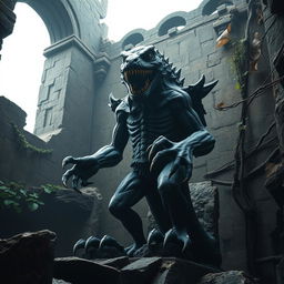 A sinister statue made of dark, weathered stone, intricately carved to resemble a lizardfolk figure, stands ominously inside the crumbling walls of ancient ruins