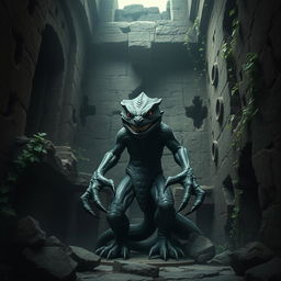 A sinister statue made of dark, weathered stone, intricately carved to resemble a lizardfolk figure, stands ominously inside the crumbling walls of ancient ruins