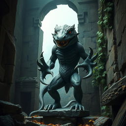 A sinister statue made of dark, weathered stone, intricately carved to resemble a lizardfolk figure, stands ominously inside the crumbling walls of ancient ruins