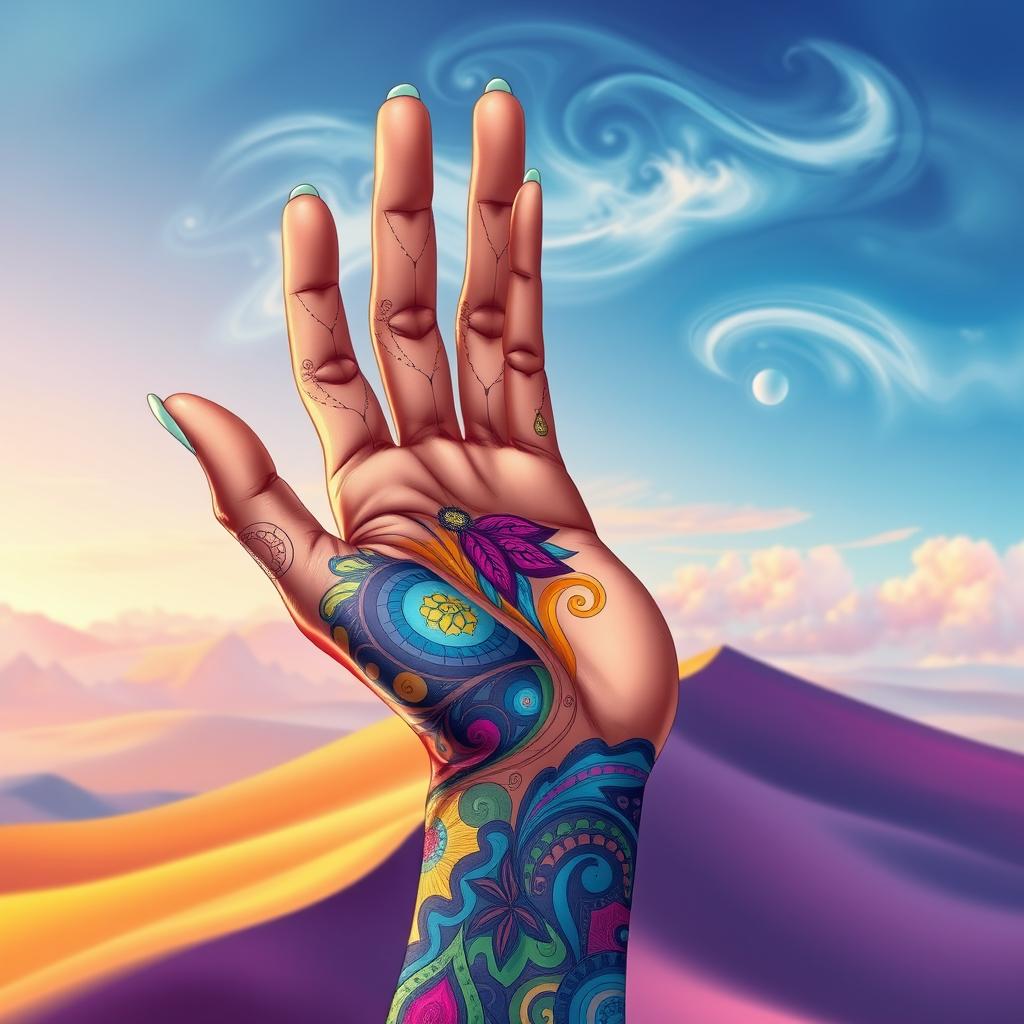 A detailed illustration of a hand in an artistic style that features vibrant colors and intricate patterns, showcasing a unique design that blends realism with abstract elements