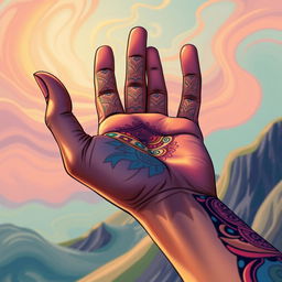 A detailed illustration of a hand in an artistic style that features vibrant colors and intricate patterns, showcasing a unique design that blends realism with abstract elements