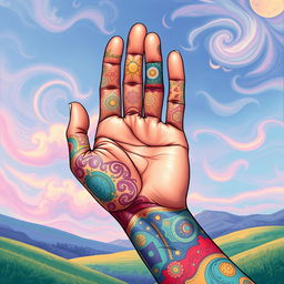 A detailed illustration of a hand in an artistic style that features vibrant colors and intricate patterns, showcasing a unique design that blends realism with abstract elements