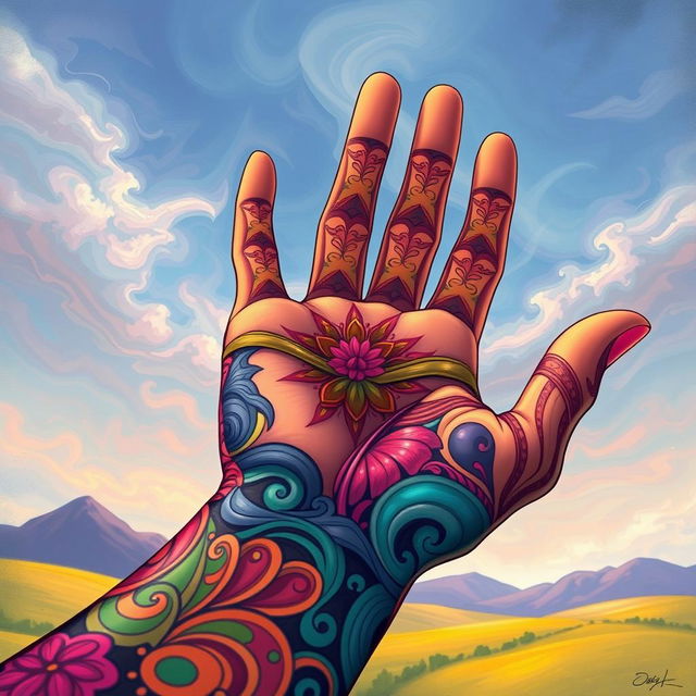 A detailed illustration of a hand in an artistic style that features vibrant colors and intricate patterns, showcasing a unique design that blends realism with abstract elements