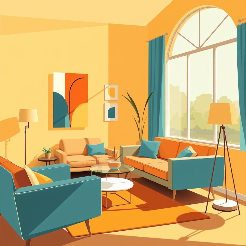 A vintage illustration inspired by Mid-Century Modern art style, featuring geometric shapes and vibrant colors