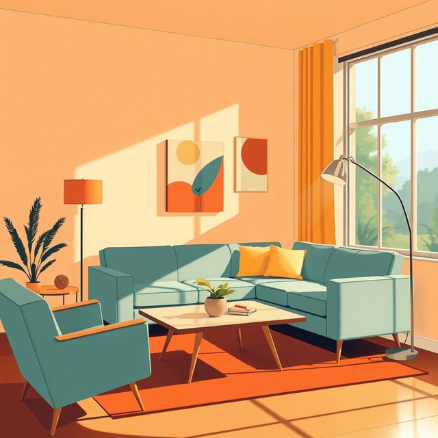 A vintage illustration inspired by Mid-Century Modern art style, featuring geometric shapes and vibrant colors