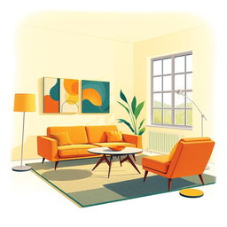 A vintage illustration inspired by Mid-Century Modern art style, featuring geometric shapes and vibrant colors