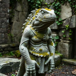 A weathered stone statue of a lizardfolk figure, showing signs of being ruined over time yet still standing intact