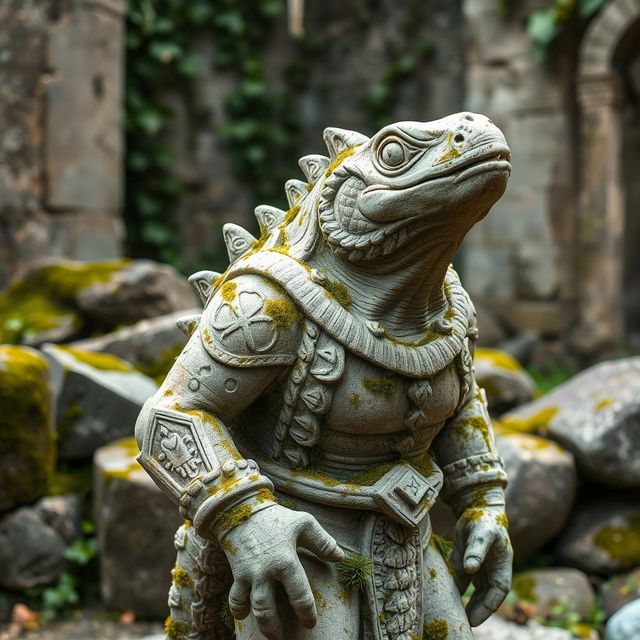 A weathered stone statue of a lizardfolk figure, showing signs of being ruined over time yet still standing intact