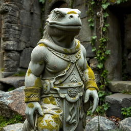 A weathered stone statue of a lizardfolk figure, showing signs of being ruined over time yet still standing intact