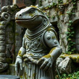 A weathered stone statue of a lizardfolk figure, showing signs of being ruined over time yet still standing intact