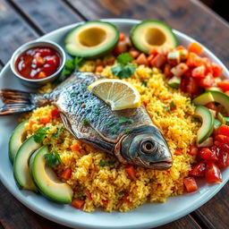 A vibrant traditional Senegalese dish, Ceebu Ginaar, beautifully presented on a rustic wooden table