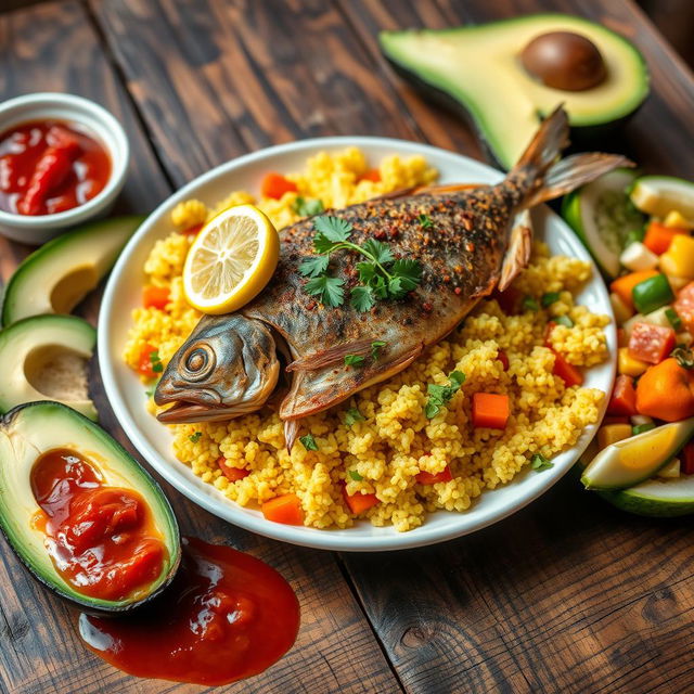 A vibrant traditional Senegalese dish, Ceebu Ginaar, beautifully presented on a rustic wooden table