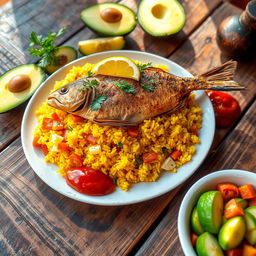 A vibrant traditional Senegalese dish, Ceebu Ginaar, beautifully presented on a rustic wooden table