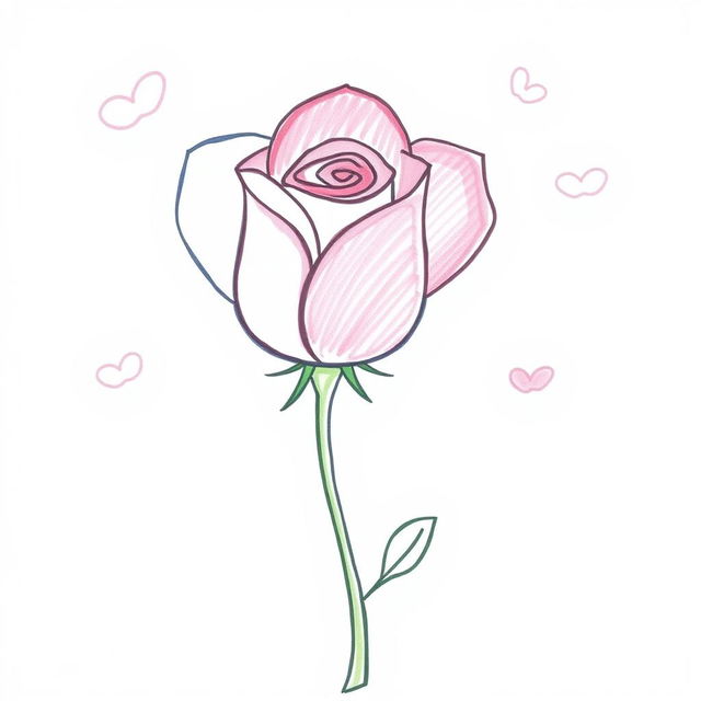 A single rose drawn in a child-like style, featuring simplistic lines and bright colors, resembling the art of a 10-year-old