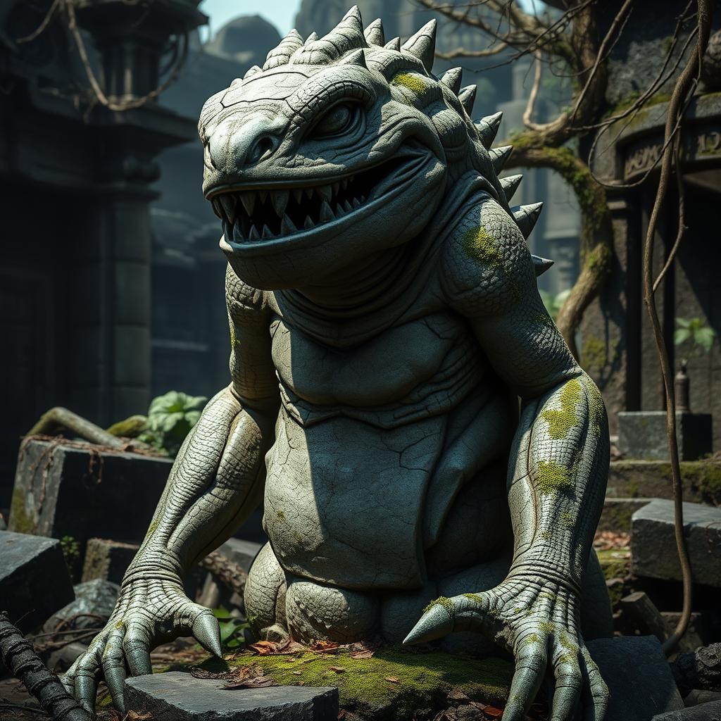 A menacing stone statue of a lizardfolk figure, entirely intact yet eerily ruined over time, stands ominously in an overgrown setting