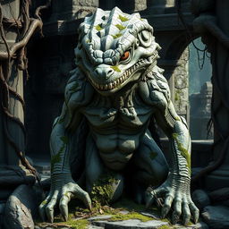 A menacing stone statue of a lizardfolk figure, entirely intact yet eerily ruined over time, stands ominously in an overgrown setting