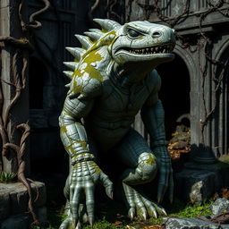 A menacing stone statue of a lizardfolk figure, entirely intact yet eerily ruined over time, stands ominously in an overgrown setting