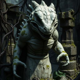 A menacing stone statue of a lizardfolk figure, entirely intact yet eerily ruined over time, stands ominously in an overgrown setting