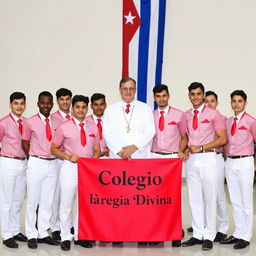A group of elegant adolescent male students, all white, dressed in stylish uniforms featuring red pants, short-sleeved white shirts, red ties, and shiny black shoes