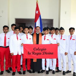 A group of elegant adolescent male students, all white, dressed in stylish uniforms featuring red pants, short-sleeved white shirts, red ties, and shiny black shoes