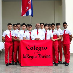 A group of elegant adolescent male students, all white, dressed in stylish uniforms featuring red pants, short-sleeved white shirts, red ties, and shiny black shoes