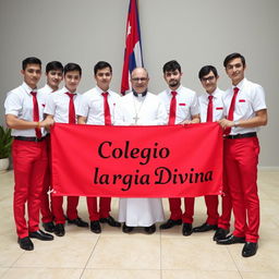 A group of elegant adolescent male students, all white, dressed in stylish uniforms featuring red pants, short-sleeved white shirts, red ties, and shiny black shoes