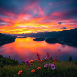A stunning landscape featuring a vibrant sunset over a serene lake, surrounded by lush greenery and distant mountains