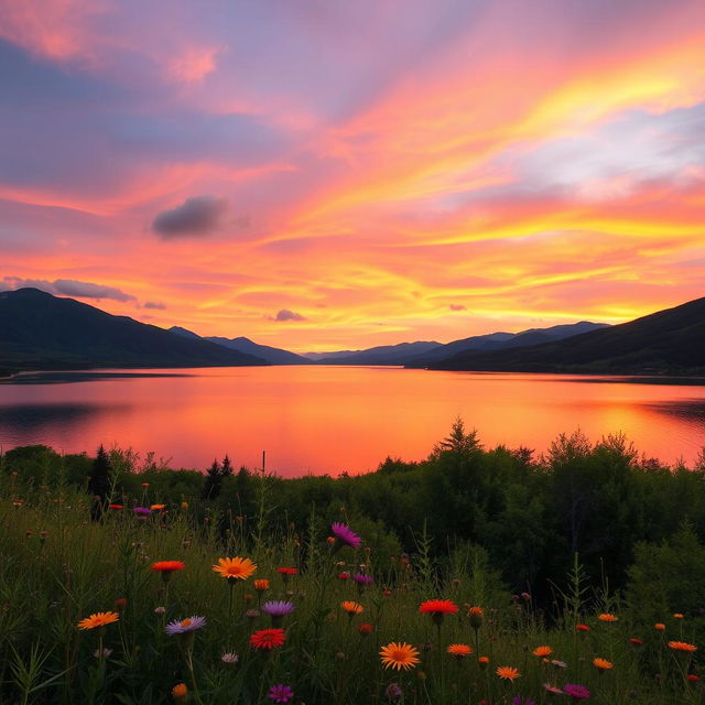 A stunning landscape featuring a vibrant sunset over a serene lake, surrounded by lush greenery and distant mountains