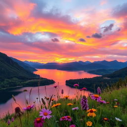 A stunning landscape featuring a vibrant sunset over a serene lake, surrounded by lush greenery and distant mountains