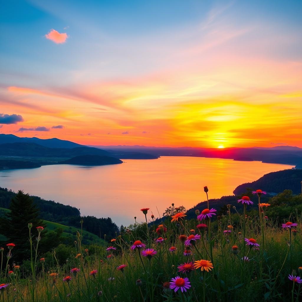 A stunning landscape featuring a vibrant sunset over a serene lake, surrounded by lush greenery and distant mountains