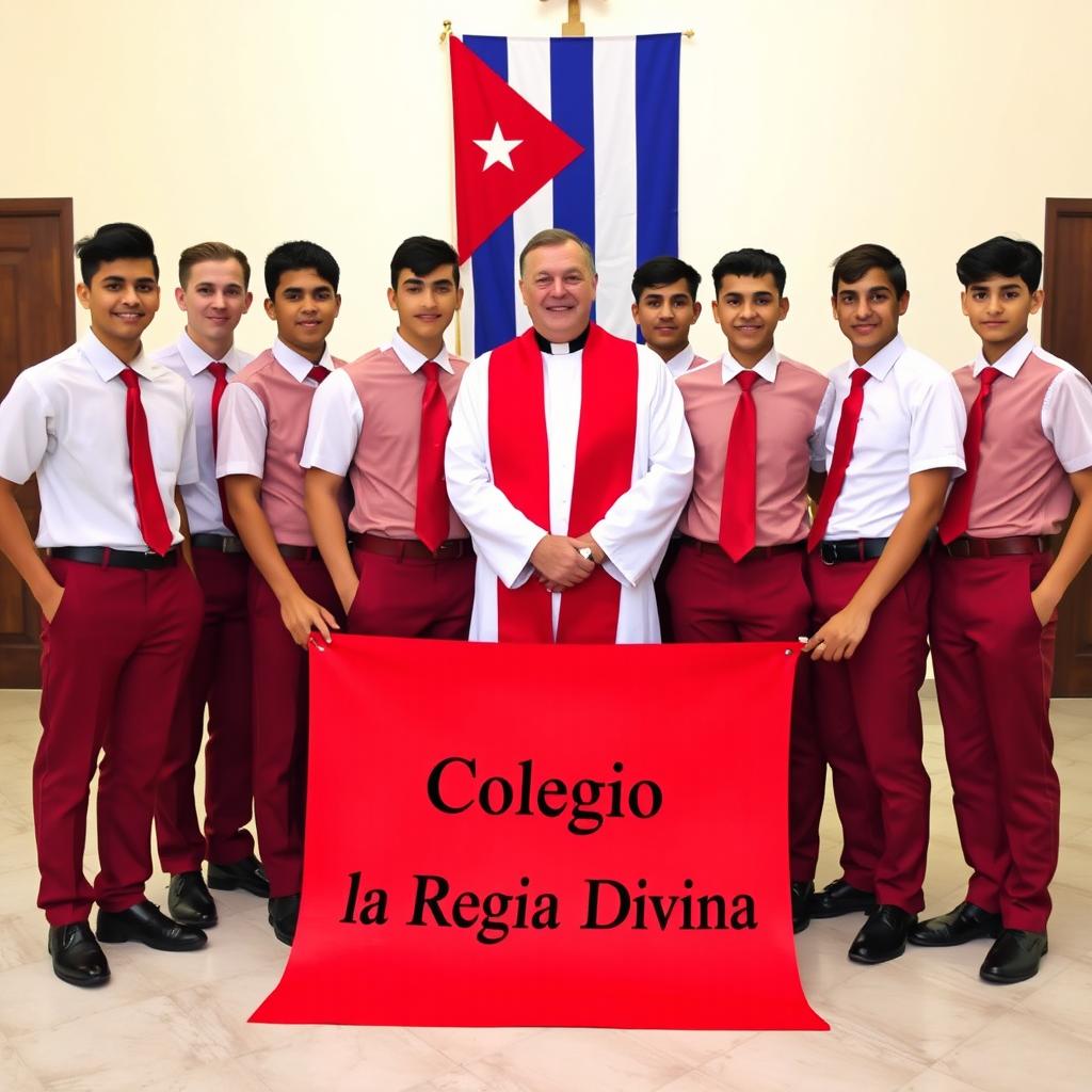 A group of elegant adolescent male students, predominantly of European descent, dressed in stylish uniforms featuring red pants, short-sleeved white shirts, red ties, and polished black shoes