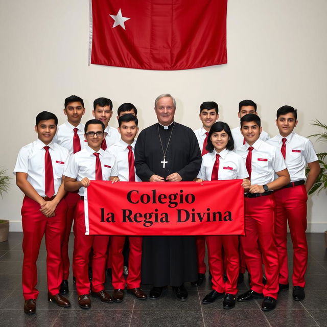 A group of elegant adolescent male students, predominantly of European descent, dressed in stylish uniforms featuring red pants, short-sleeved white shirts, red ties, and polished black shoes