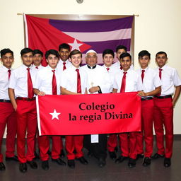 A group of elegant adolescent male students, predominantly of European descent, dressed in stylish uniforms featuring red pants, short-sleeved white shirts, red ties, and polished black shoes