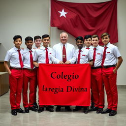 A group of elegant adolescent male students, predominantly of European descent, dressed in stylish uniforms featuring red pants, short-sleeved white shirts, red ties, and polished black shoes