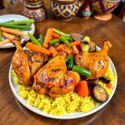 A vibrant and colorful plate of Ceebu Ginaar, a traditional Senegalese dish featuring perfectly cooked chicken seasoned with aromatic spices
