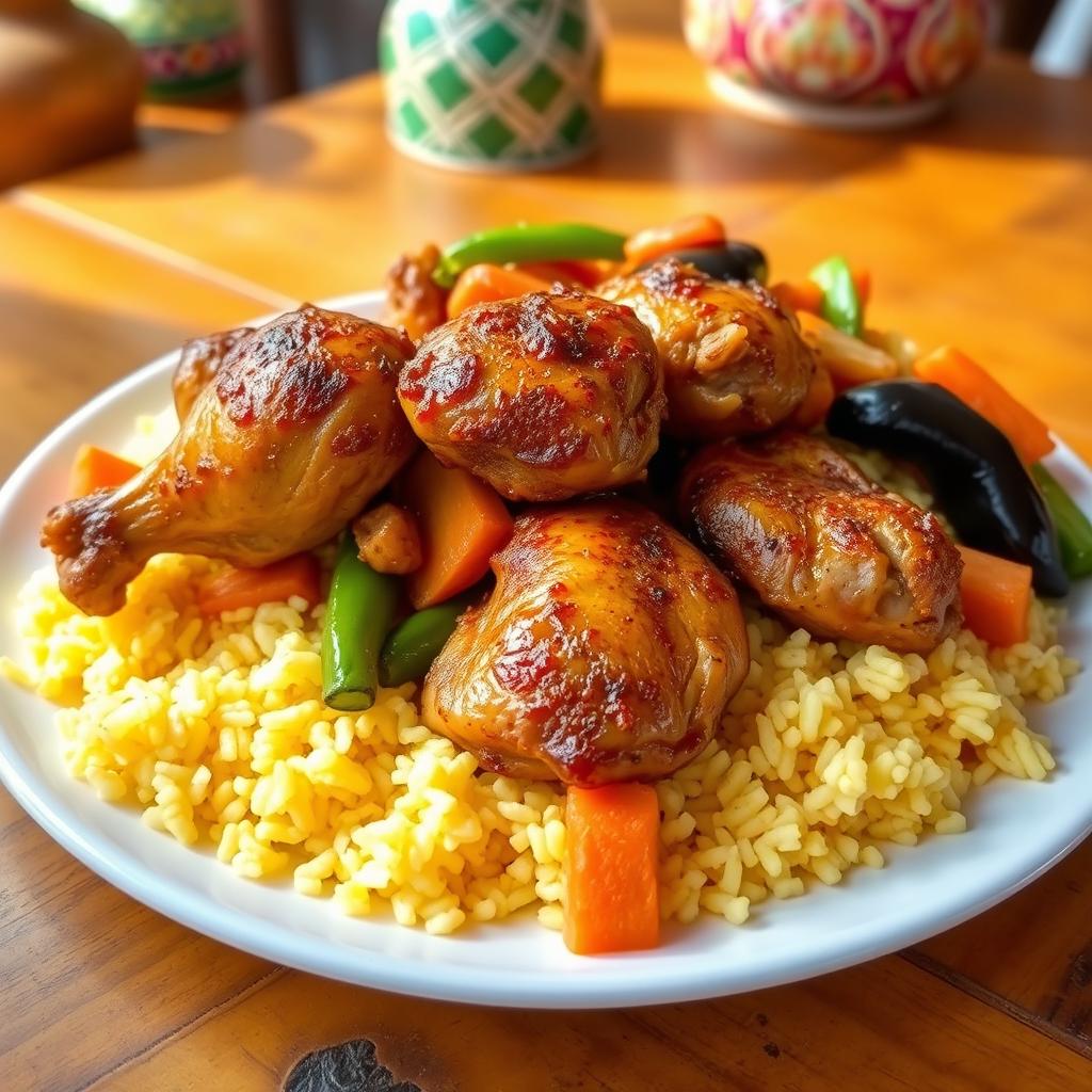 A vibrant and colorful plate of Ceebu Ginaar, a traditional Senegalese dish featuring perfectly cooked chicken seasoned with aromatic spices