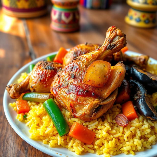 A vibrant and colorful plate of Ceebu Ginaar, a traditional Senegalese dish featuring perfectly cooked chicken seasoned with aromatic spices