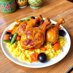 A vibrant and colorful plate of Ceebu Ginaar, a traditional Senegalese dish featuring perfectly cooked chicken seasoned with aromatic spices