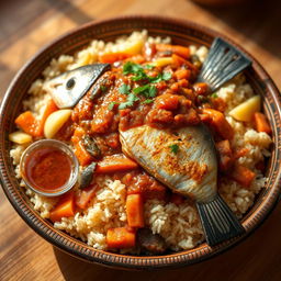 A vibrant plate of Ceebu Ginaar, a classic Senegalese dish featuring beautifully arranged fragrant rice topped with a rich, flavorful fish sauce