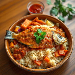 A vibrant plate of Ceebu Ginaar, a classic Senegalese dish featuring beautifully arranged fragrant rice topped with a rich, flavorful fish sauce