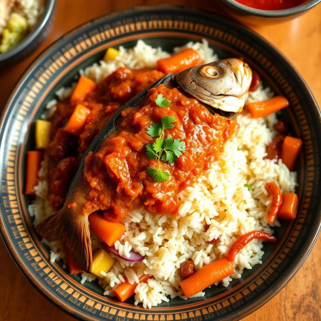 A vibrant plate of Ceebu Ginaar, a classic Senegalese dish featuring beautifully arranged fragrant rice topped with a rich, flavorful fish sauce