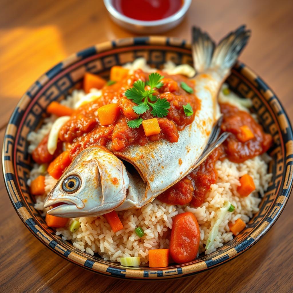 A vibrant plate of Ceebu Ginaar, a classic Senegalese dish featuring beautifully arranged fragrant rice topped with a rich, flavorful fish sauce