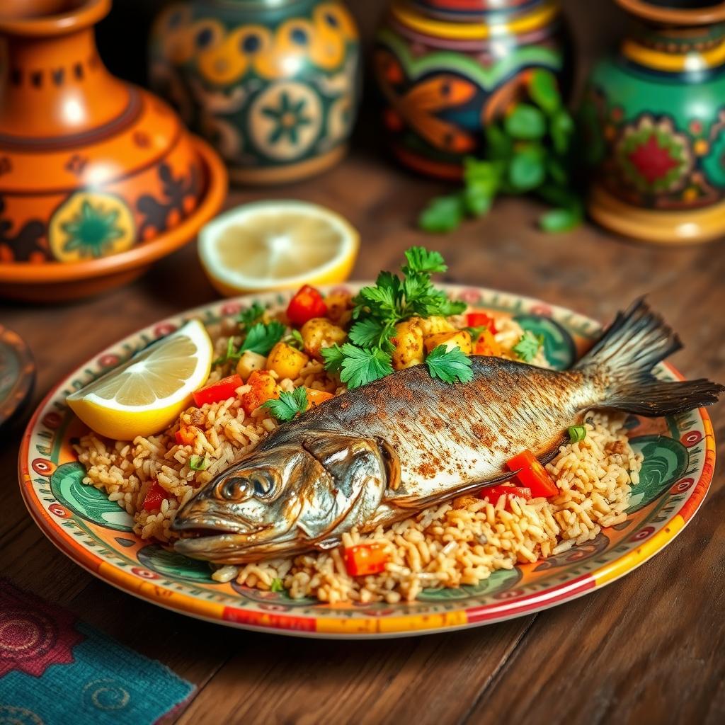 A vibrant, colorful scene depicting the traditional Senegalese dish Ceebu Ginaar, known for its delicious fried fish, spiced rice, and vibrant vegetables