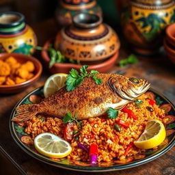 A vibrant, colorful scene depicting the traditional Senegalese dish Ceebu Ginaar, known for its delicious fried fish, spiced rice, and vibrant vegetables