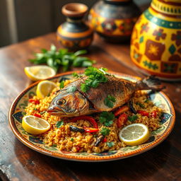 A vibrant, colorful scene depicting the traditional Senegalese dish Ceebu Ginaar, known for its delicious fried fish, spiced rice, and vibrant vegetables