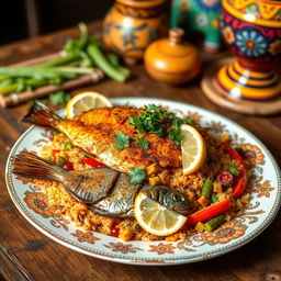 A vibrant, colorful scene depicting the traditional Senegalese dish Ceebu Ginaar, known for its delicious fried fish, spiced rice, and vibrant vegetables