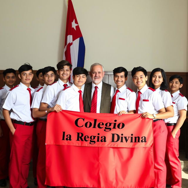 A group of elegant European adolescent male students, dressed in stylish uniforms featuring red pants, short-sleeved white shirts, red ties, and polished black shoes