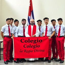 A group of elegant European adolescent male students, dressed in stylish uniforms featuring red pants, short-sleeved white shirts, red ties, and polished black shoes